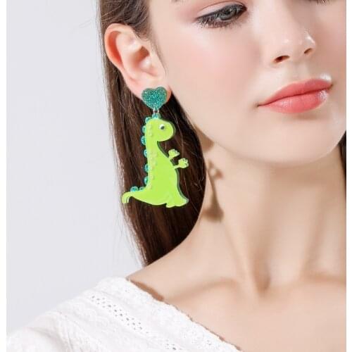 Super Lovely Green Dinosaur Glitter Powder Peach Heart Acrylic Drop Earrings Fun Long Tassel Exaggerated Animal Dangle Earrings