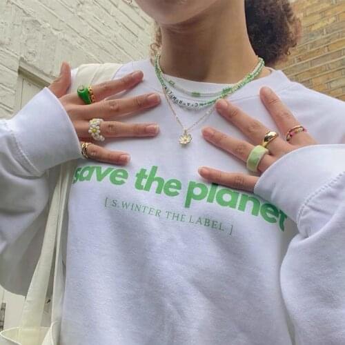 Save The Planet Letters Printed Sweatshirts For Women Long Sleeve Loose Crewneck Pullover 2021 Autumn Thick Warm Casual Clothing