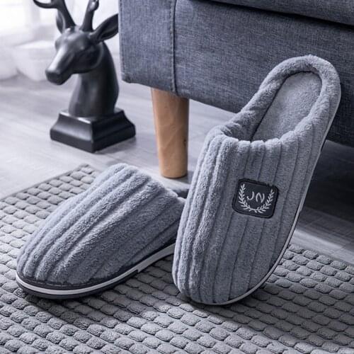 Mens Striped Winter Warm Slippers Soft Home Indoor Shoes For Male Large Size Fur Plush Slippers Men Warm Household Cotton Shoes