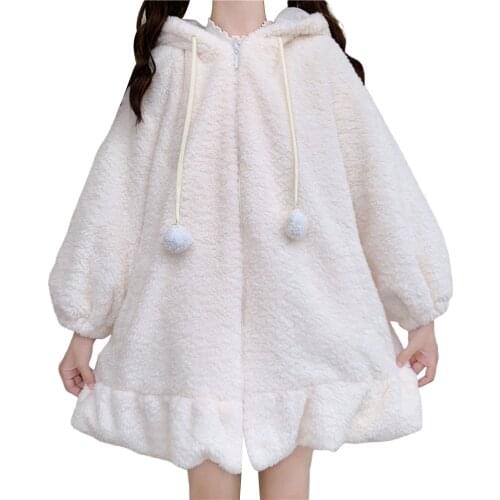 Women Cute Rabbit Ears Hooded Lamb Wool Coat Adult Plush Fluffy Zipper Long-Sleeved Solid Color Sweatshirt With/Without Pompons