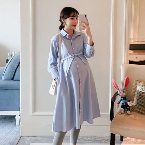 Spring Autumn Blue Fashion Maternity Nursing Clothing Open Button Breastfeeding Clothes Maternity Dress For Pregnant Women 2020