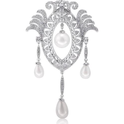 Womens Beautiful Retro White Shell Pearl Cz Pave Brooch