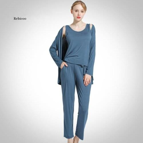 3Pcs Pajama Suit Women Modal Long-sleeved Vest For Leisure Home Wear Female Sleepwear Sets Spring Summer Autumn Casual Homewear