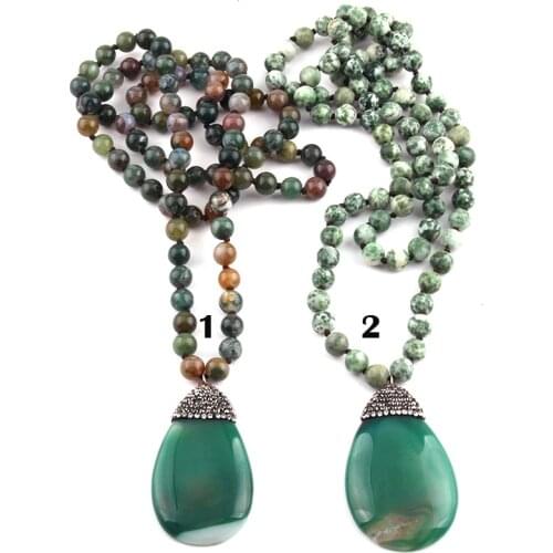 Free Shipping Fashion Long Knotted Stones Bohemian Tribal Jewelry Green Natural Stone Pendant Necklace