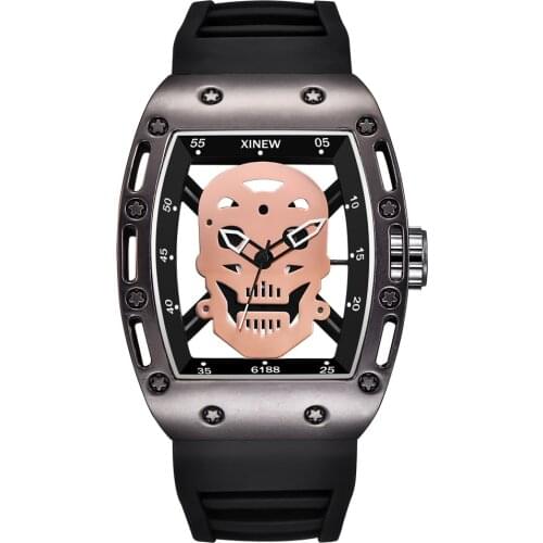 Relogio Masculino Watch Men Skull Hollow Watches Unique Skeleton Rubber Strap Tonneau Quartz Wristwatch Male Clock Drop Shipping