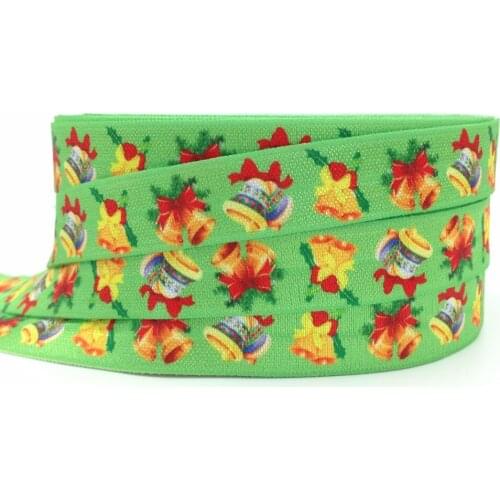 10 yard/lot 5/8" Christmas Bells Print Green Fold Over Elastic FOE Ribbon DIY Head wear Elastic Hair Band Clothing Accessories