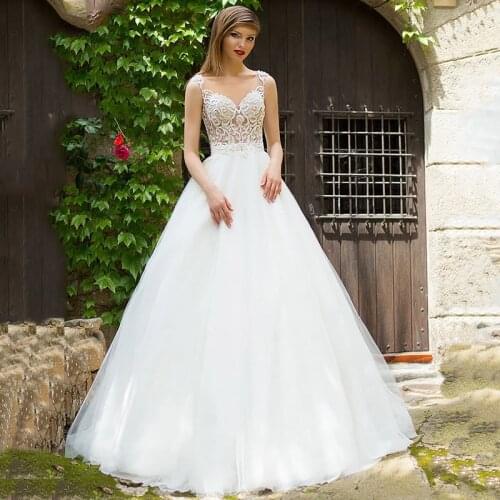 Civil Wedding Dress Sheer Neck A-Line Lace Appliques Button Tulle Princess Bridal Ball Gown Vestidos De Noiva Floor Length 2021
