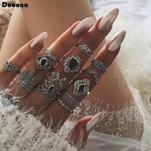 Docona 14 pcs/sets Bohemian Black Rhinestone Rings for Women Carve Flowers Leaf Geometric Wedding Rings Jewelry Gift 9134