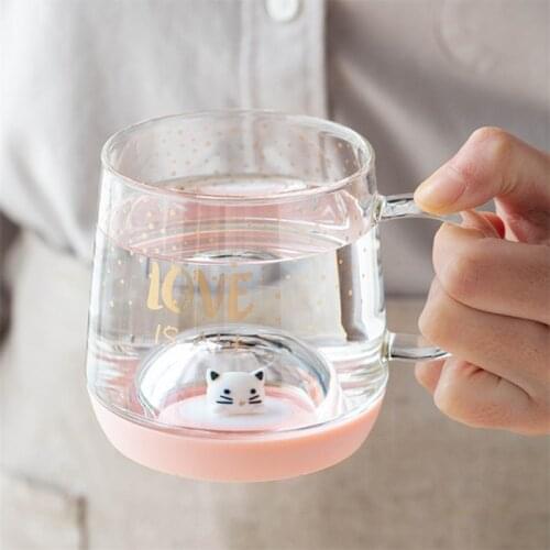 Transparent Cute Cat Glass Simple Heat Resistant Office Drinkware Creative Water Tea Cup with Handle Juice Milk Coffee Cup
