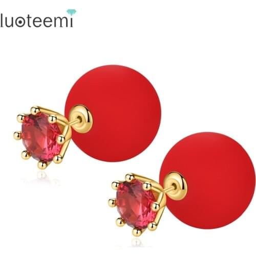 LUOTEEMI Fashion Minimalism Design Gold Color Stud Earring For Women Holiday And Party Red CZ Crystal Enjoyable Earrings Bijoux