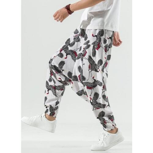 MrGB Crane Graphic Chinese Style Mens Pants Casual Cotton Linen Loose Straight Wide Leg Jogger Pants Trousers Mens Clothing