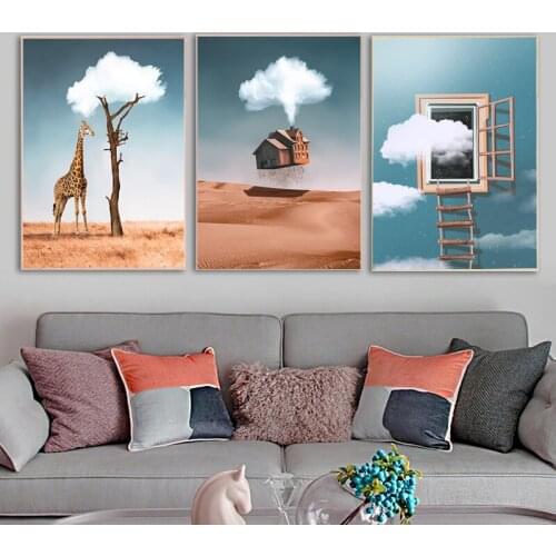 Cartoon Flying House Posters Giraffe Cloud Wall Art Canvas Painting Print Nordic Kids Decoration Picture Baby Child Room Decor