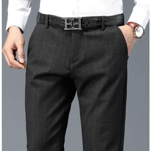 2021 Autumn Winter Mens Casual Pants Thick Fashion Plaid Slim Business Office Trousers Quality Brand Clothes Classic Black Gray