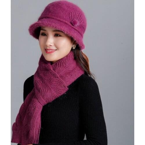 New 2019 Winter Women Rabbit Fur Hat Scarf Female Wool Caps Girls Warm Knitted Beanies Winter Velvet Mother Hat Scarf 2pcs Set
