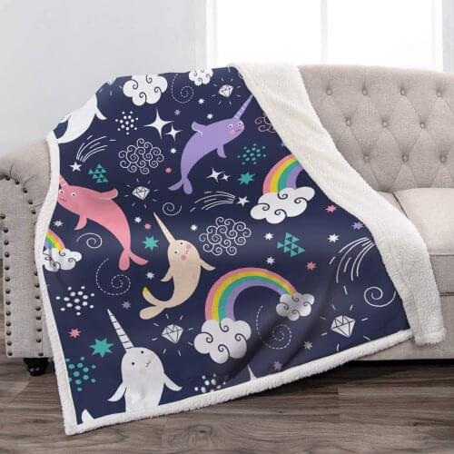 Cartoon Patterned Throw Blanket Adorable Narwhal Picture Dense Sherpa Plush Plaid Weight Blankets 130x150 as Gift for Child