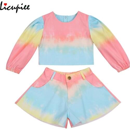 1-6 Years Girls Tie-dyed Two-piece Clothes Suit Long Puff Sleeve Round Neck Crop Tops with Short Pants Summer