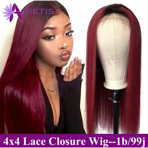 Arietis 4x4 Lace Closure Wigs Human Hair Brazilian 1b/99j Lace Wigs for Black Women Pre Plucked With Baby Hair 1B/27/30 Hair Wig