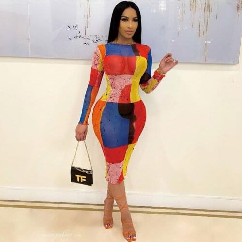 Chic Art Print Color Block Spliced Mini Dress for Women Summer Skinny Full Sleeve Party Dress Hipster Female Mid Calf Dresses