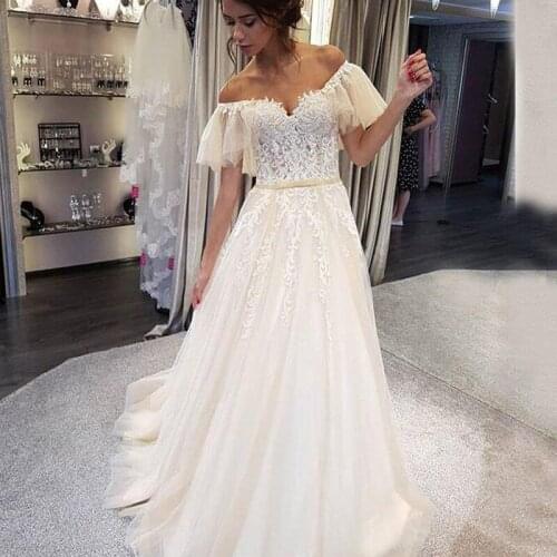2020 Wedding Dress Off Shoulder Short Sleeve Appliqued Lace Tulle A Line Floor Length New Stunning Bridal Gowns Vestido De