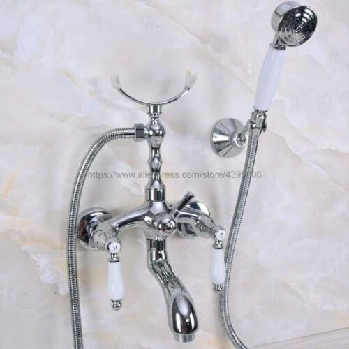 Polished Chrome Dual Handle Wall Mounted Bathtub Faucet Telephone Style Hand Held Shower Tub Mixers Tap Bna249