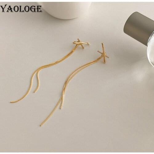 YAOLOGE Gold Color Cross Flower Rhinestone Tassel Earings 2021 Trend Alloy Drop Earrings For Women Gift Fashion Jewelry Brincos