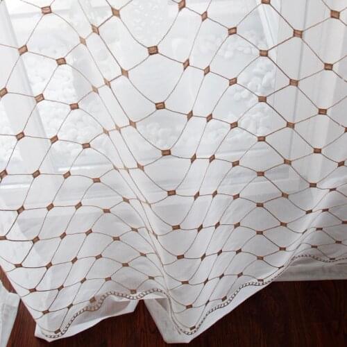 Modern Coffee Sheer Grid Light-transparent Curtains Embroidered Window Screens for Living Room Bedroom Nice Tulle Curtain Fabric