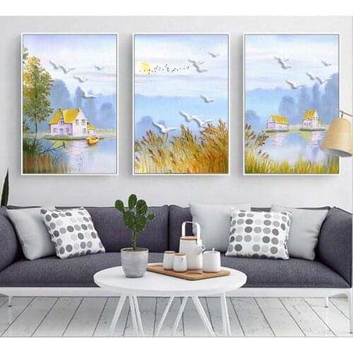 Unframed 3 pieces Modern fresh oil paintings, pastoral landscapes, birds decorative painting