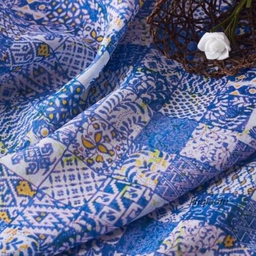 Ramie printed fabric blue plaid literary retro thin dress fabric High-end linen fabric