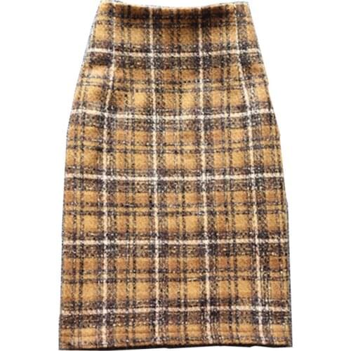 Plus size 3XL!autumn winter plaid woolen skirt women high wasit package hip pencil skirt