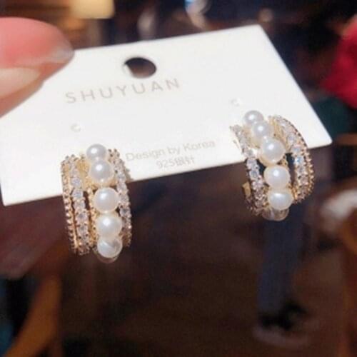 Vinatge Simulated Pearl Hoop Earrings Female Fairy Elegant C Shape Rhinestone Earrings Wedding Party Earrings Statement Brincos