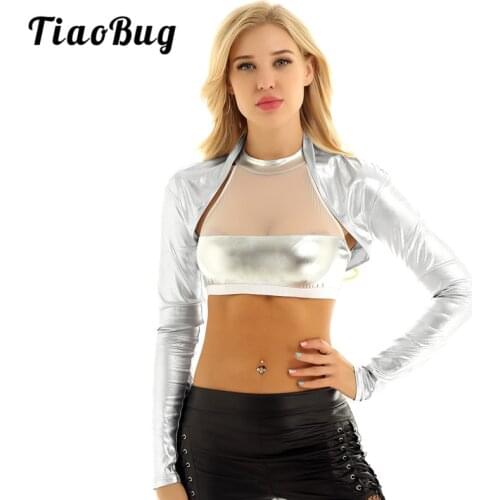 TiaoBug Women Shiny Metallic Long Sleeves Shrug Bolero Short Cardigan Tops Stage Performance Club Rave Party Jazz Dance Costume