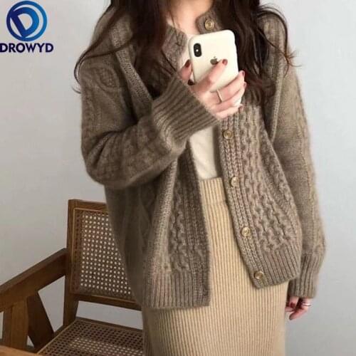 2021 Autumn and Winter New Cashmere Cardigan Womens Thick Twist Short Pure Color Loose Lazy Wool Single-breasted Sweater Coat