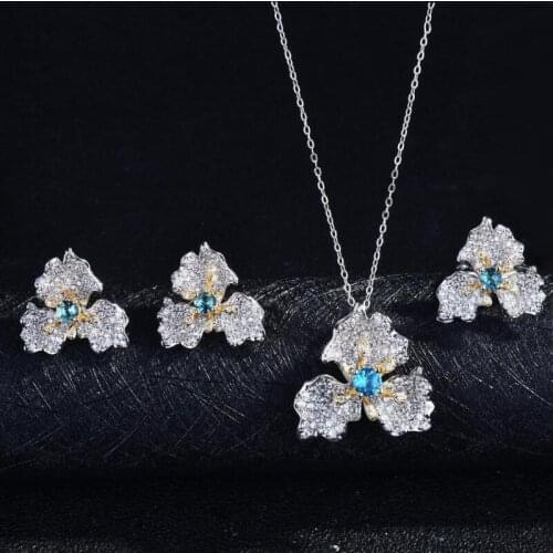 2021 New Arrival Bridal Jewelry Luxury 925 Silver Ring Necklace Earrings for Women Elegant Flower Shape Wedding Jewelry Set