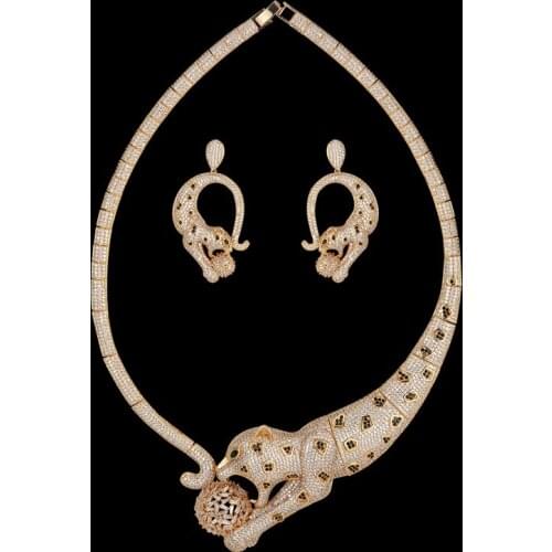 Zlxgirl jewelry big size women and men leopard shape wedding necklace with earring jewelry sets metal Jet Enamel zircon necklace