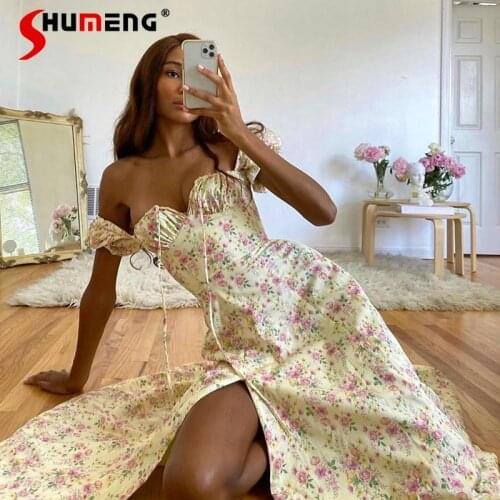 2021 New Womens Summer Hot Fashion Puff Sleeve Floral Tie-Neck High Slit Long Dress