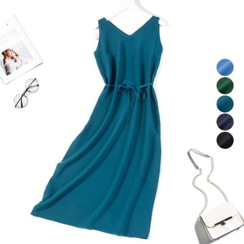 Womens 100% Pure Silk V neck Sexy sleeveless Solid Color Long Dress L XL JN039
