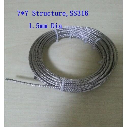 20 meters,SS316 material, 1.5mm dia, 7*7 Structure,Stainless Steel Wire Rope Hanging clothes Fishing rope