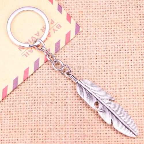 20pcs New Fashion Keychain 59x16mm feather Pendants DIY Men Jewelry Car Key Chain Ring Holder Souvenir For Gift