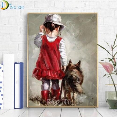 5D DIY Diamond Painting Red Dress Girl And Wolf Diamond Embroidery Portrait Diamond Mosaic Full Layout Childrens Room Decor