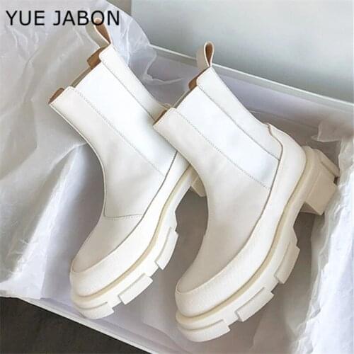 Black White Women Chelsea Boots Thick Bottom Short Ankle Booties Platform Autumn Shoes lady Slip-on Motorcycle Boots Botas Mujer