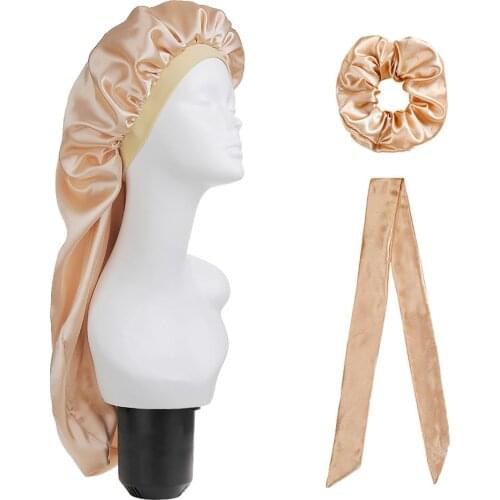 Women Sleep Cap Long Hair Shower Cap Elastic Wide Edge Satin Bonnet Long Hair Hat Sleeping Hats Wrap Night Cap Hair Care Bonnet
