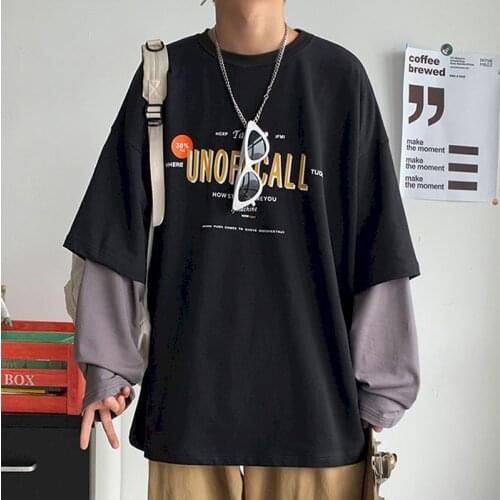 Fake Two-piece Long-sleeved T-shirt Men and Women Men Autumn Korean Loose Letter Printing Student Jacket Couple Outfit Punk Top
