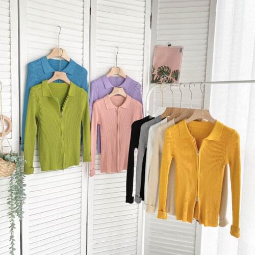 Zipper Korean Cardigan Women Long Sleeve Top Lapel Collar Ribbed Knitted Sweater Casual Jumper Solid Slim Sweaters Cardigans