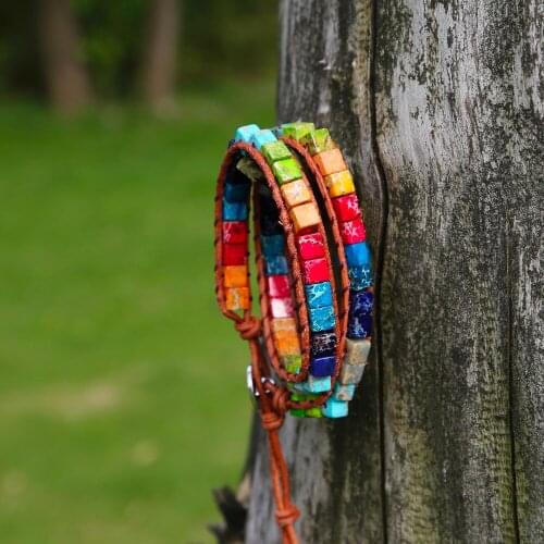 7 Chakra colors leather Bracelet Jewelry boho Handmade Multi Color Natural Stone cube Beads Leather Wrap Bracelet gift jewelry