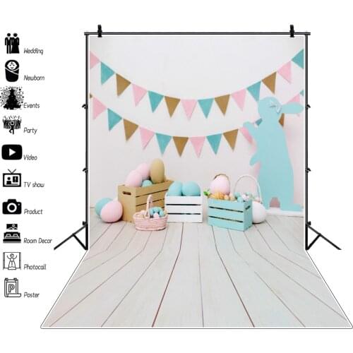 Laeacco Easter Photography Backdrops White Wall Pennant Easter Eggs Wood Box Floor Children Portrait Photo Backgrounds Photozone