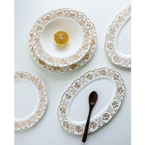 Light luxury golden hand-painted bone china rose flower household round flat soup plate dinner tray dessert dish HP100203