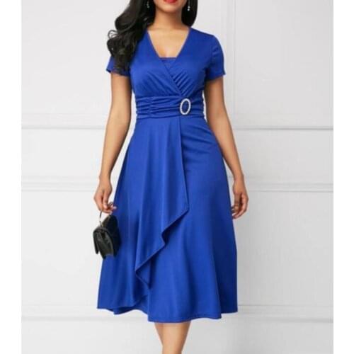 Summer 2021 Fashion Women Sexy Dress V-neck Slim Irregular Dress Elegant Short Sleeve Party Dress Solid Color Women Clothing