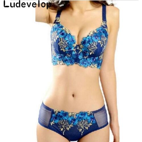 High quality deep V brand sexy big size push up bra set floral embroidery lace women underwear set bra and panties 32-38ABCD