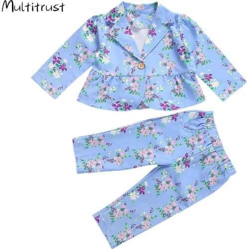 2020 Autumn Baby Girls Fashion Clothes Sets 1-6Y Flowers Print Long Sleeve Single Button Blazer Jacket Tops Pants 2pcs