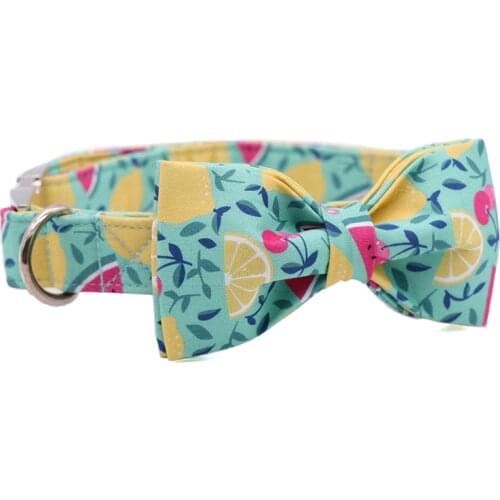 Green Lemon Dog Collar And Leash Set With Bow Tie Cotton Dog &Cat Pet Necklace Adjustable Buckle For Pet